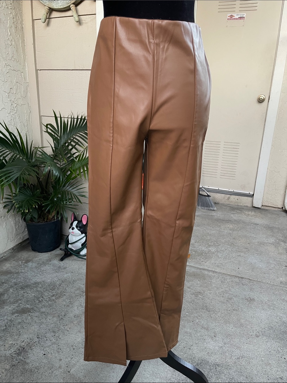 Women Brown Faux Leather Straight-Leg Pants